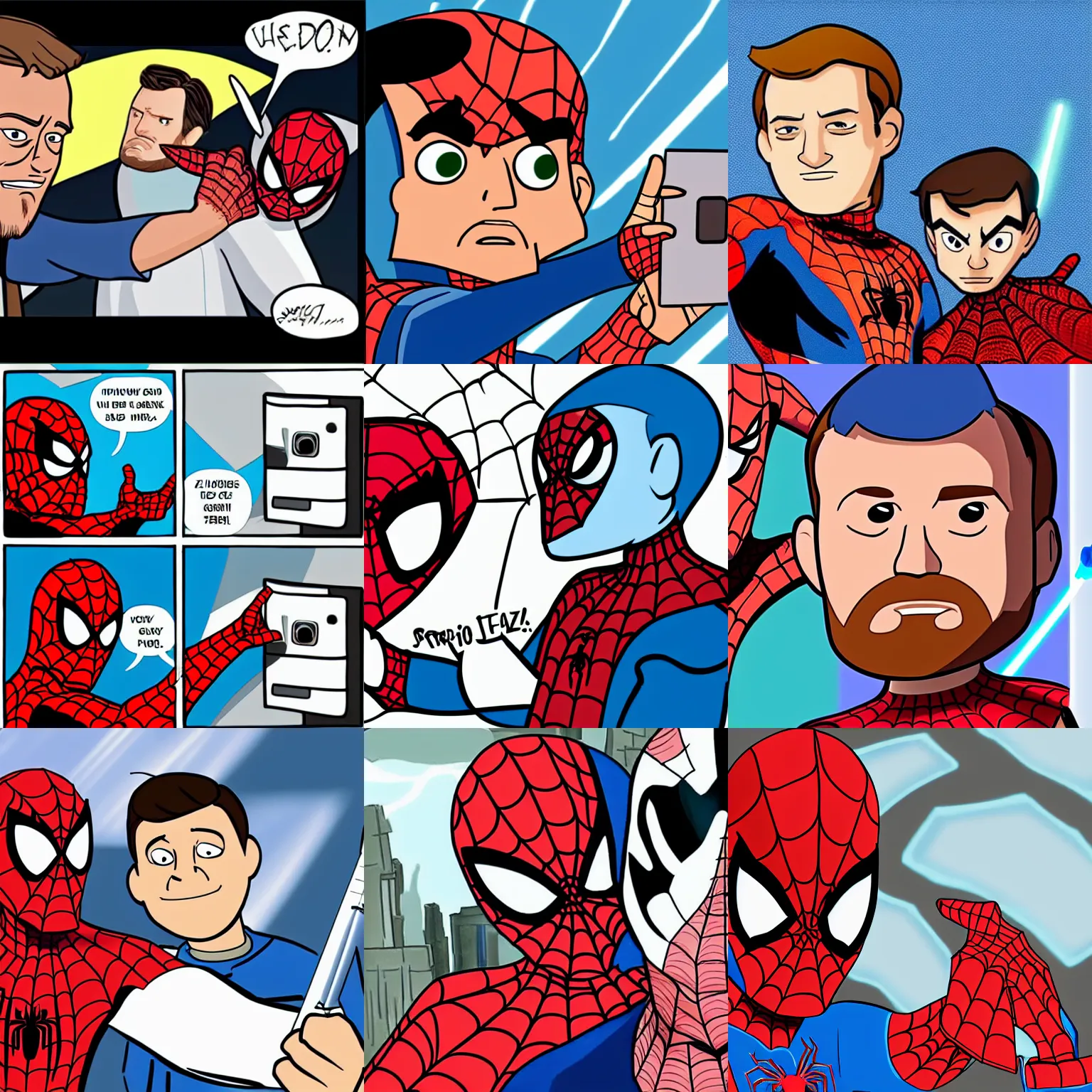 Prompt: obi wan taking a selfie with spider man, cartoon style, closeup, in the style of jazza