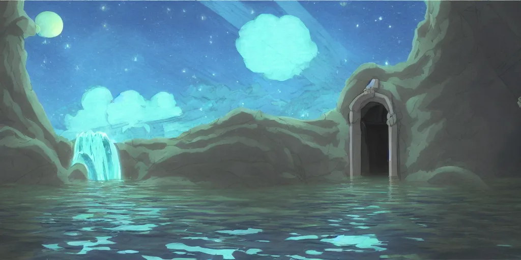 Image similar to a cell - shaded studio ghibli concept art study of a square dimensional portal doorway in a flooded desert on a misty starry night. a waterfall is flowing out of the portal. very dull colors, hd, 4 k, hq