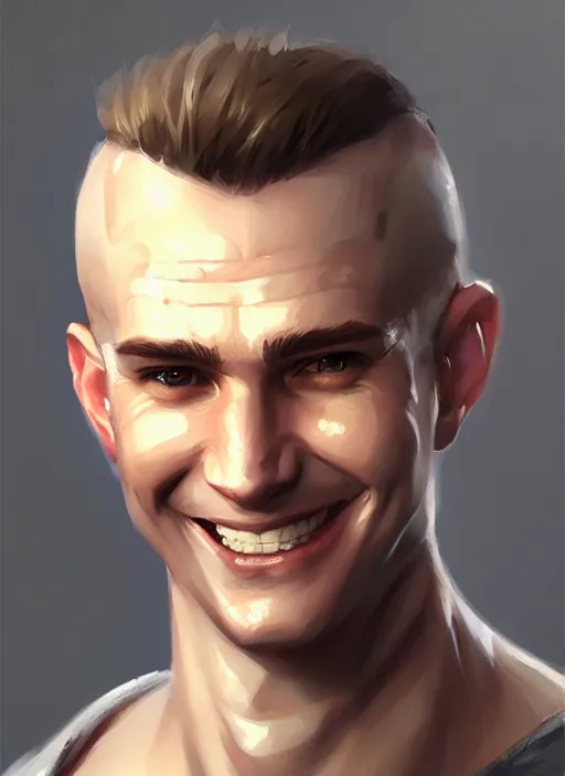 Image similar to a _ fantasy _ style _ portrait _ painting _ of white male short fringe light brown hair short face grinning clean shaven short head, rpg dnd oil _ painting _ unreal _ 5 _ daz. _ rpg _ portrait _ extremely _ detailed _ artgerm _ greg _ rutkowski _ greg