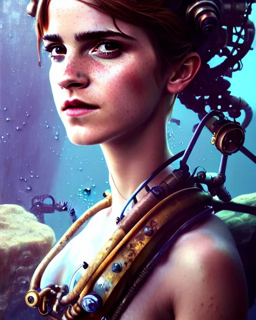 Prompt: underwater steampunk biopunk portrait of emma watson, au naturel, hyper detailed, digital art, trending in artstation, cinematic lighting, studio quality, smooth render, unreal engine 5 rendered, octane rendered, art style by klimt and nixeu and ian sprigger and wlop and krenz cushart.