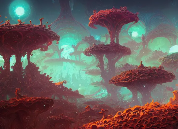 Image similar to psychedelic concept art of a spiraling alien landscape made of fungus and dragons, cel shaded, in the style of makoto shinkai and moebius and peter mohrbacher and anton fadeev