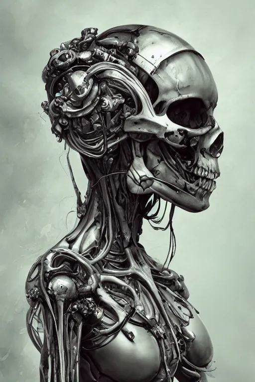 Prompt: a girl in a closed helmet-skull in a alive biopunk costume consisting of swollen muscles, tendons, bones joints, protruding pistons. masterpiece 4k digital design by Ayami Kojima, award winning, Artstation, Ayami Kojima aesthetic, Neo-Gothic, gothic, black background, intricate details, realistic, hyperdetailed, 8k resolution