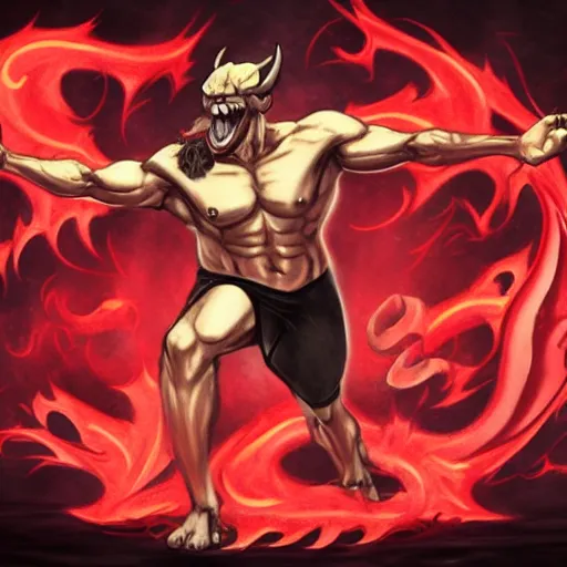 Image similar to full body drawing by Luke Starkie of a muscled horned Satan Devil , swimming tuxedo, red flames in background, artstation