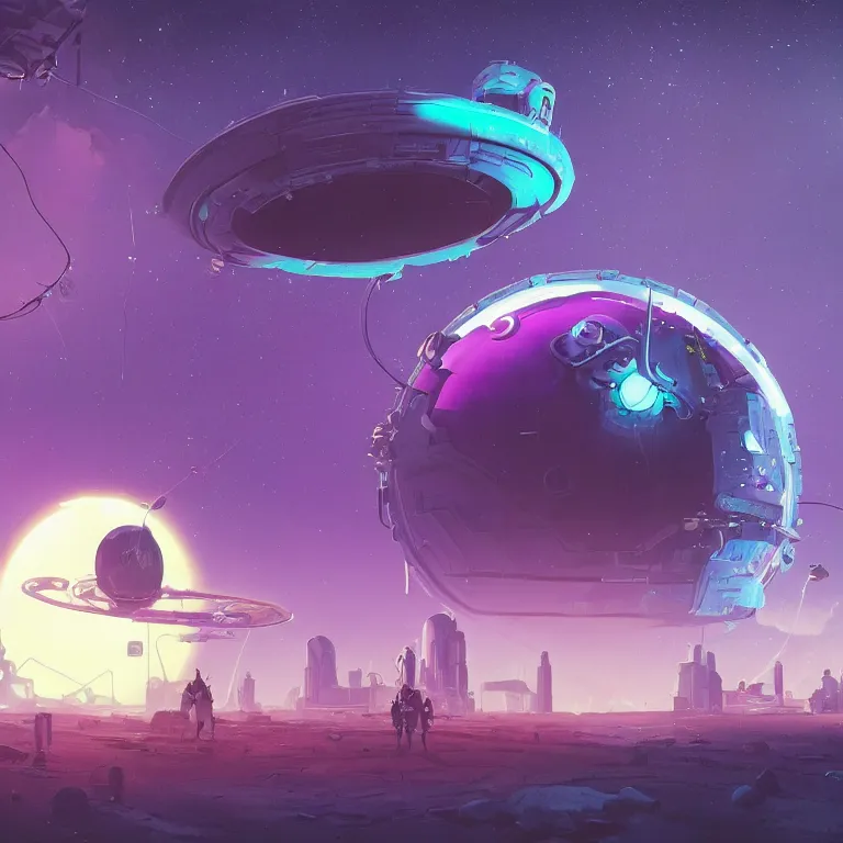 Image similar to a circle portal structure floating in outer - space, cyberpunk, epic surrealism, indigo, purple, cyan, detailed digital matte painting in the style of simon stalenhag and painting by ralph mcquarrie
