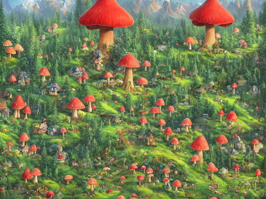 Image similar to A beautiful painting of a pine forest with a toadstool village, houses in the shape of mushrooms, whimsical cottagecore cabins, Digital Art by James Christensen, Trending on artstation