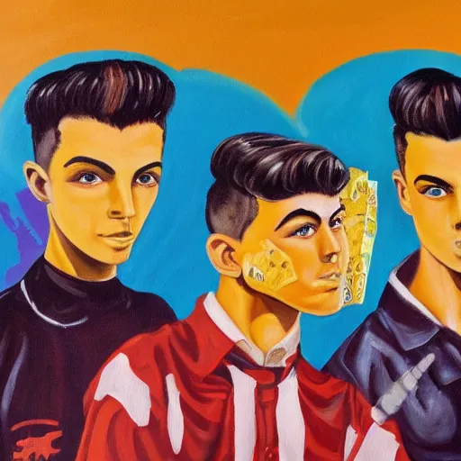 Image similar to a painting of three male teenagers with rockabilly haircuts holding yellow icw pops and looking at women in the streets high details