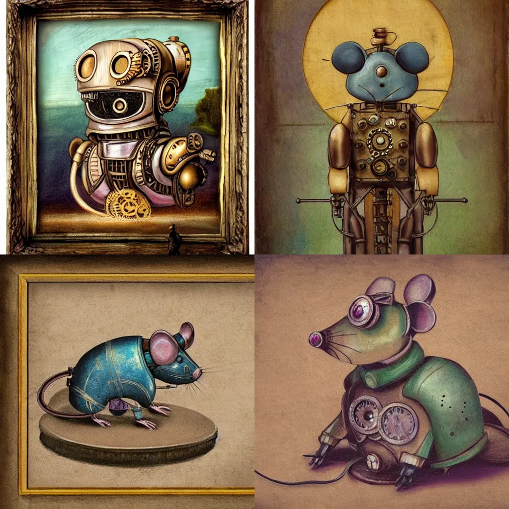 Prompt: a steampunk robot mouse, renaissance painting, pastel colors