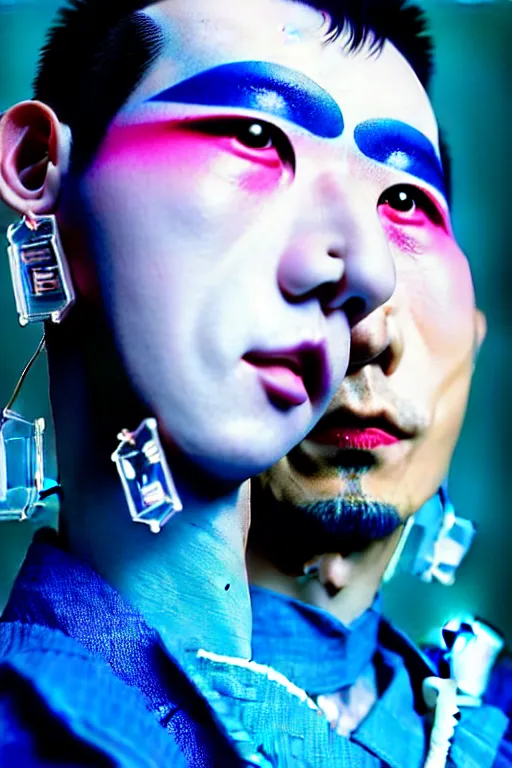Image similar to a close - up risograph of cyberpunk japanese model men with black eyes and pretty face wearing lots of transparent and cellophane accessories, huge earrings, and queer make up, blue hour, twilight, cool, portrait, kodachrome, iso 1 2 0 0, photo by mayumi hosokura, style by moebius