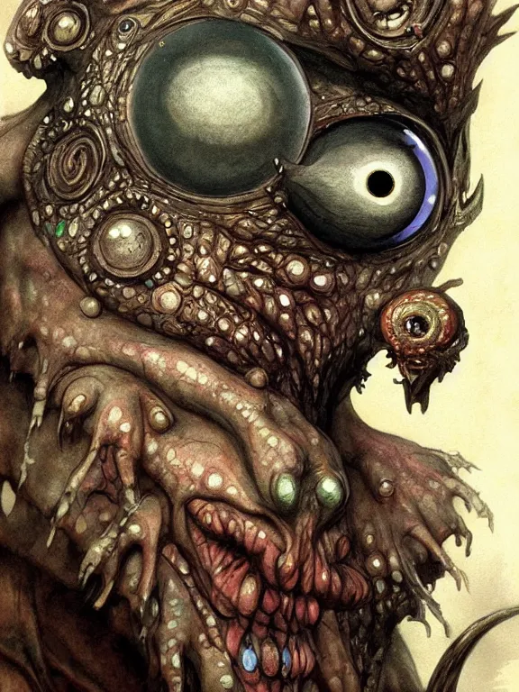 Prompt: 👁 one-eyed fantasy Cyclopes concept art with one huge eye in the center of the forehead and with smooth skin in place of the nose. Without the nose. High details, realistic, octane render, fantasy art, solo, masterpiece, portrait painting, saturated colors, art by Arthur Rackham, Muzinabu