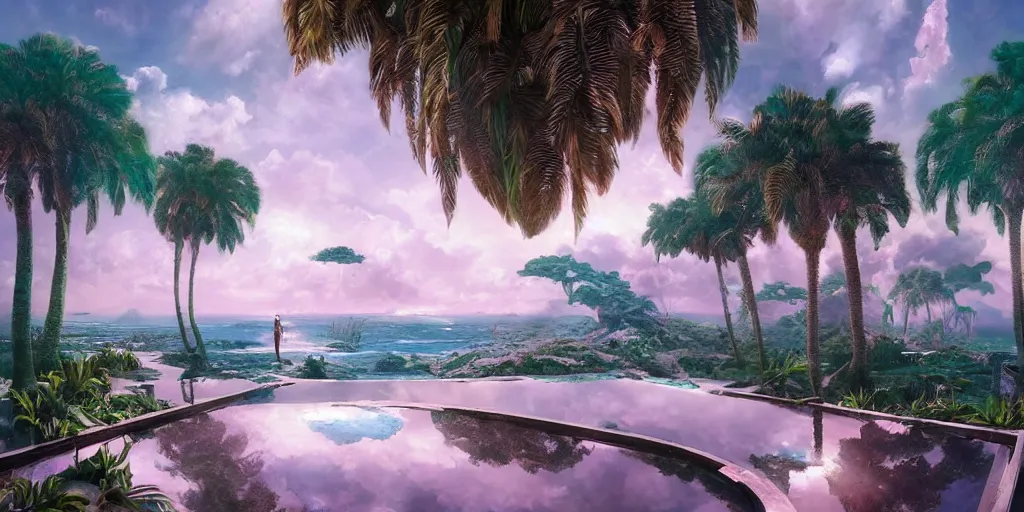 Image similar to artgem and greg rutkowski masterpiece, hyperrealistic surrealism, award winning masterpiece with incredible details, epic stunning, infinity pool, a surreal vaporwave liminal space, highly detailed, trending on ArtStation, calming, meditative, pink arches, palm trees, very vaporwave, very very surreal, sharp details, dreamscape, gigantic alien mirror structure