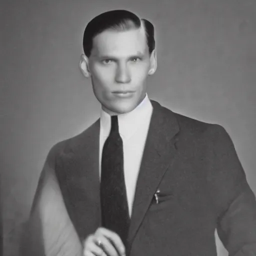Prompt: A photograph portrait of Jerma985 wearing a suit with short slicked hair in the early 1930s, taken in the early 1930s, grainy, taken on a early 1930s Kodak Camera, realistic, hyperrealistic, very realistic, highly detailed, very detailed, extremely detailed, detailed, digital art, trending on artstation