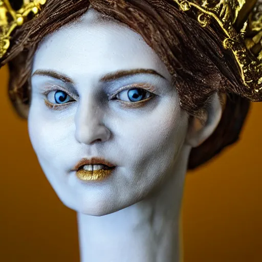 Image similar to photo taken of an epic intricate, ultra detailed, super realistic bust of a young majestic gracious regal beautiful aristocratic female vampire stop motion puppet created by weta workshop, menacing, some zoomed in shots, photorealistic, sharp focus, white wall, extremely cold blueish colour temperature, 3 5 mm, f 1. 4, golden ratio