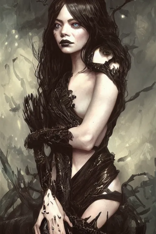 Image similar to ultra realistic illustration, zoe kravitz, emma stone hybrid as the gothic vampire queen, intricate, elegant, highly detailed, digital painting, artstation, concept art, smooth, sharp focus, illustration, art by artgerm and greg rutkowski and alphonse mucha