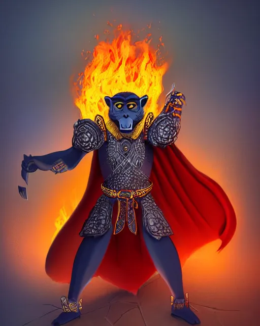 Image similar to fury art, an anthro monkey wearing a large cape and a fantasy armor, fire, fiery background, 3 d, 8 k, extremely detailed, trending on furaffinity, trending on artstation, award winning, sharp focus, illustration