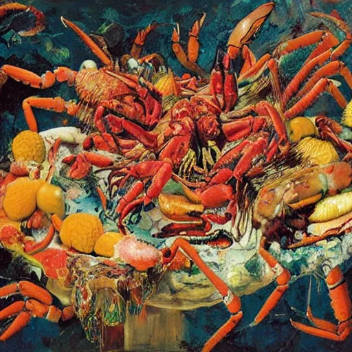 Prompt: Pasiphae by Jackson Pollock, meeting God, lobsters, coral, worms, larvae, Strawberry Jam by Animal Collective, realistic photograph of fruit