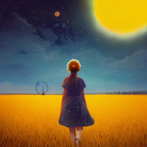 Image similar to giant daisy flower as a head, girl walking in wheat field, hills, surreal photography, moon light, dark night, star trails, dramatic light, impressionist painting, clouds, digital painting, artstation, simon stalenhag