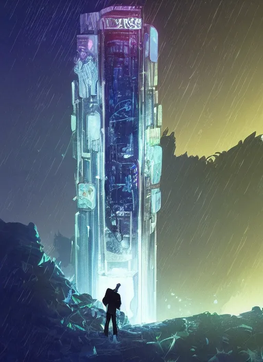 Image similar to comic book art of a [ man ] in trenchcoat with ( glowing ) [ gloves ] and [ boots ] in a [ jungle ] looking up at a [ tower ] extending into the sky made of crystalized glowing rock,, low angle, artstation illustration, elegant, cyberpunk, volumetric fog, arcane by tim doyle