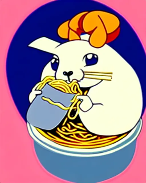 Image similar to cartoon chinchilla eating ramen, disney, hanna barbera