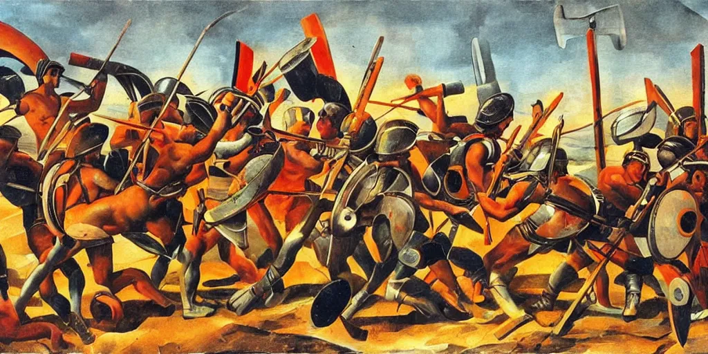 Image similar to italian futurism style painting of greek hoplites at war