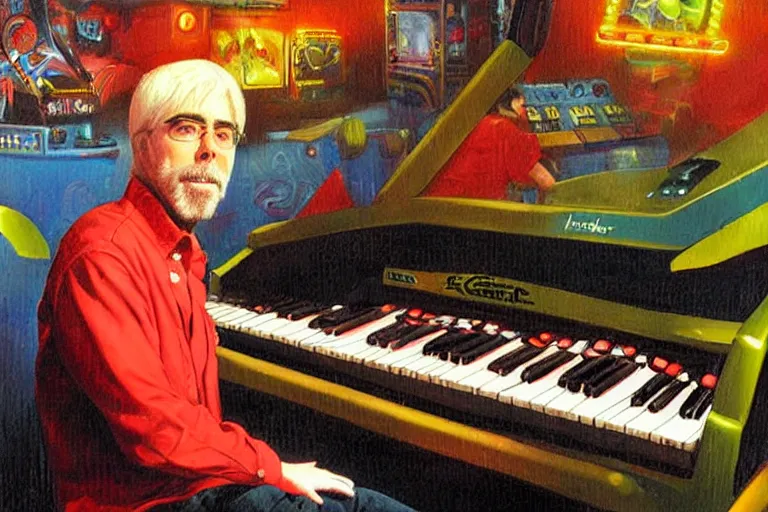 Prompt: portrait of michael mcdonald playing keyboard on stage at chuck e cheese, an oil painting by ross tran and thomas kincade