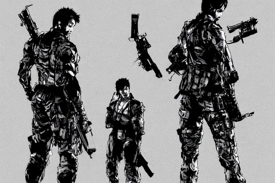 Image similar to a full - body portrait of chow yun - fat holding pistols, in yoji shinkawa's art style, metal gear solid art style highly detailed, 4 k, artistic, white background, b & w