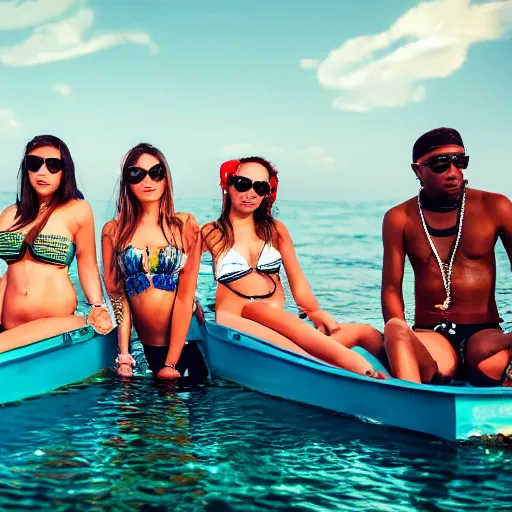 Image similar to professional photograph of three cool dufes on a boat surrounded by girls in bikinis, still of a gangster rap music video, 4 k