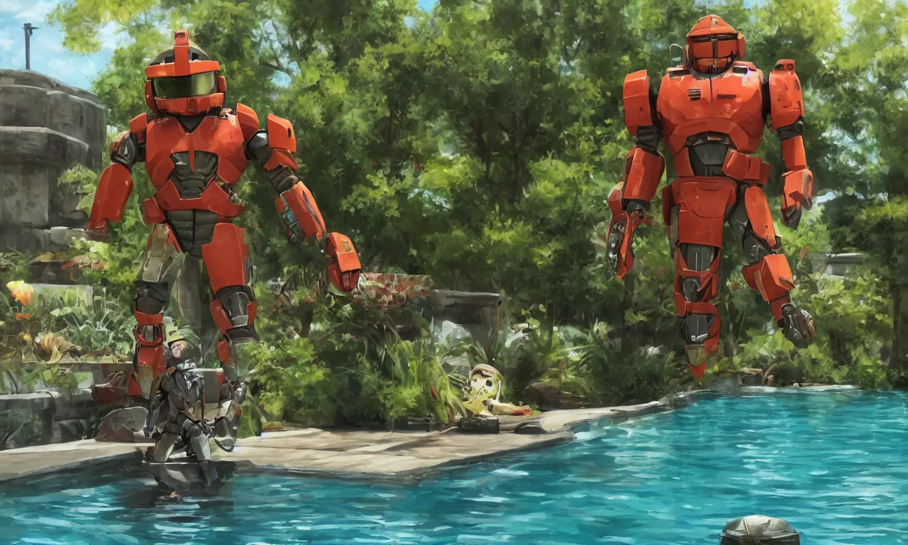 Prompt: a cg painting of masterchief enjoying a relaxing summers day by the pool