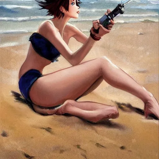 Prompt: pinup art of tracer from overwatch in a beach, artwork by alfred stevens