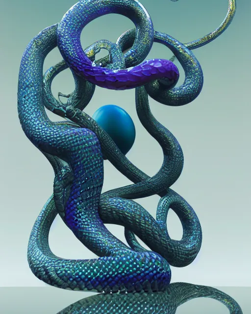 Image similar to a photo of a sculpture of a snake encircling a marble egg made from blue and emerald and amethyst crystal geode formations with liquid gold tendrils by jean pierre roy by stanisław szukalski by beeple, octane render, recursive, tendrils, tessellation, elestial crystals, geode, refracted light