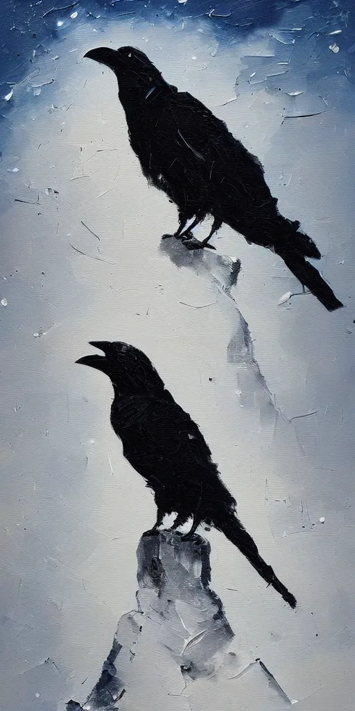 Image similar to an abstract oil painting of a crow on top of a dark winter mountain; hyper-detailed; an extraordinary masterpiece!!!; flawless; trending on artstation