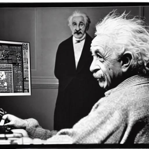 Image similar to vintage photo of albert einstein playing roblox, roblox shown on the computer, einstein pointing at the computer, circa 1 6 0 0, award - winning shot