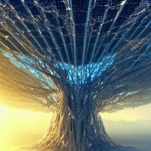 Image similar to cyber tectonic organic mystical megastructure luminous crystal architectures in the sky like the tree of life, by albert bierstadt, by glen small, by giovanni battista piranesi, photorealistic, god rays, octane render, depth of field, volumetric light, volumetric fog, holy spirit, jazz, flow, harmony, groove, peace, love