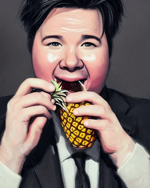 Image similar to Portrait of a drunk Michael Mcintyre eating a pineapple in a nightclub in Porto,real life skin, intricate, elegant, highly detailed, artstation, concept art, smooth, sharp focus, photo