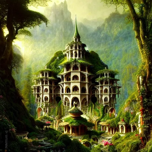 Image similar to a beautiful and highly detailed matte painting of an dwarf garden palace in a breath taking forest in a deep valley in the beautiful mountains of avalon, intricate details, epic scale, insanely complex, 8 k, sharp focus, hyperrealism, very realistic, by caspar friedrich, albert bierstadt, james gurney, brian froud,