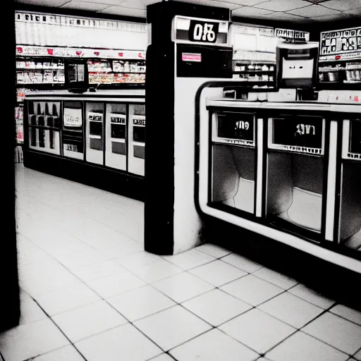 Image similar to cinestill 5 0 d photograph of the inside of an empty convenience store, liminal space, lonely, mannequins, black mold, 3 5 mm, raw, unedited, 8 k, hd, the fifth element