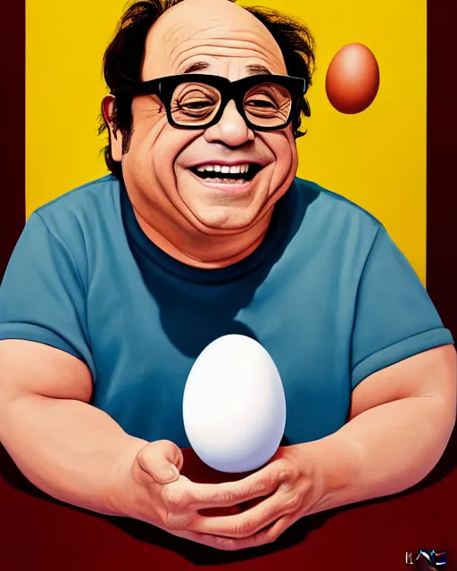 Image similar to painting portrait of danny devito as an egg, cartoon, warm lighting, danny devito has an egg body, movie poster, illustration by bartek fedyczak, erak note, tooth wu, neil richards, kan liu, siwoo kim, jisu choe, trending on art station