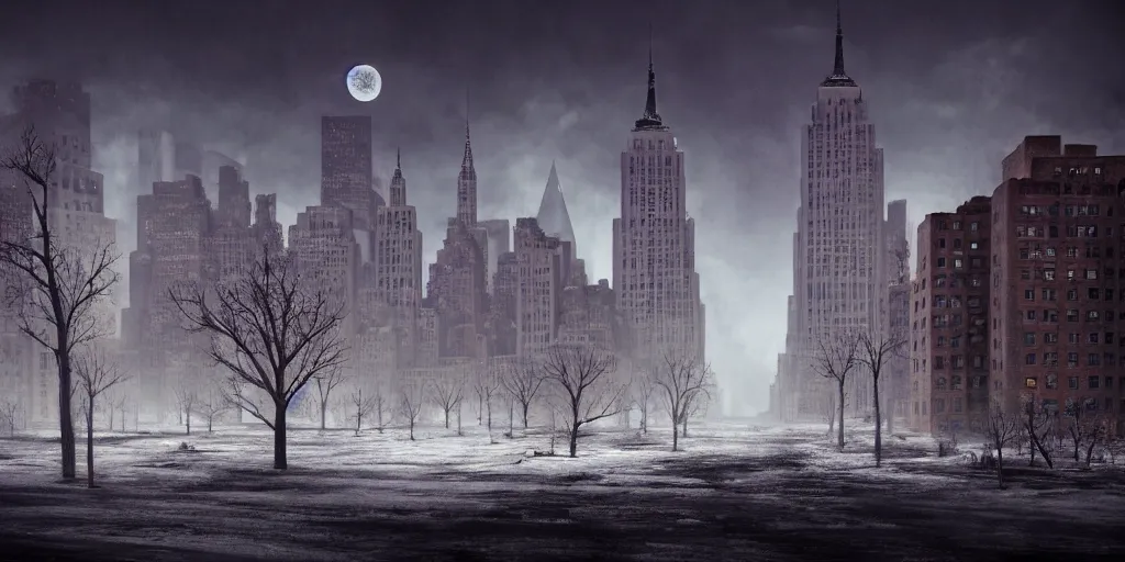 Prompt: nuclear winter, new york city, near future, decay, fantasy, sci - fi, hyper realistic, serene.