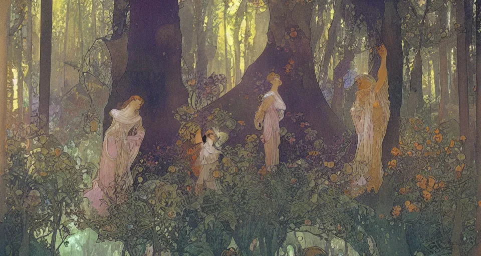 Image similar to Enchanted and magic forest, by Alfons Maria Mucha