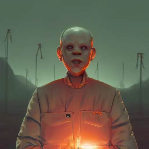 Image similar to unsettling, noble rubbery albino with thin lips, huge eyes and suspicious expression, wearing science fiction police uniform by docks at sunset, by deak ferrand, wayne barlowe, simon stalenhag, and greg rutkowski