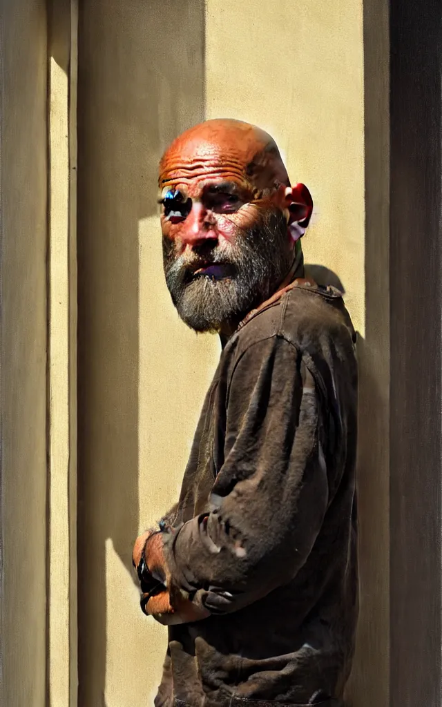 Prompt: realist painted portrait of a rugged bald middle aged man with greying beard and tanned skin standing in a darkened doorway, strong brushwork, natural lighting, warm earth tones