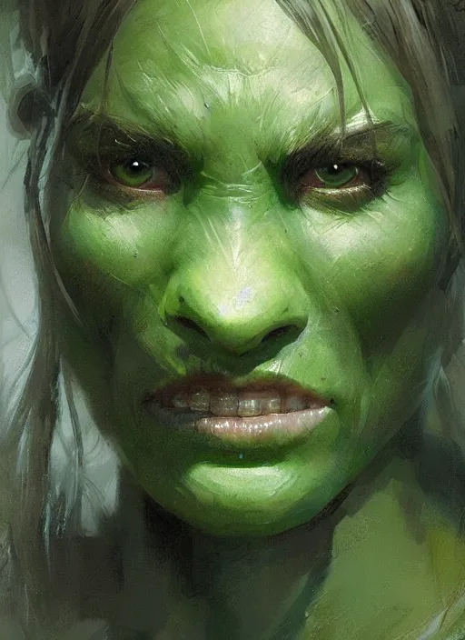 Prompt: green orc female, light green tone beautiful face by jeremy mann, greg rutkowski