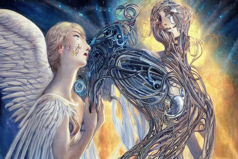 Prompt: genesis, music, an angelic cybernetic organism sings the first song, a goddess muse by Artgerm the world is born from the pluck of a string, the vibrations bring order from chaos, every living thing is connected by a thread of fate, together they make a glorious song that creates a gnostic hyper-dream ascension of harmony and bliss throughout the universe amazing concept painting by Jessica Rossier