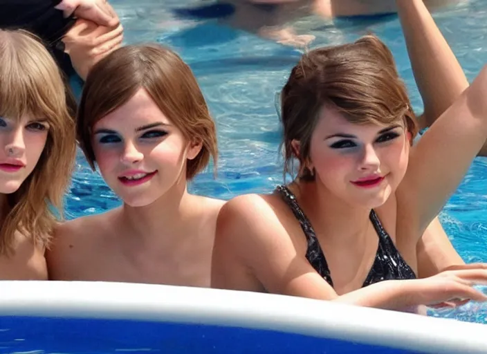 Image similar to emma watson and taylor swift and selena gomez swim together. perfect faces.