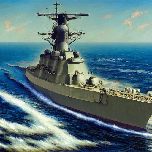 Image similar to detailed cinematic wide shot of world war 2 battleship, ultra realistic, spring light, painting by gaston bussiere, craig mullins, j. c. leyendecker