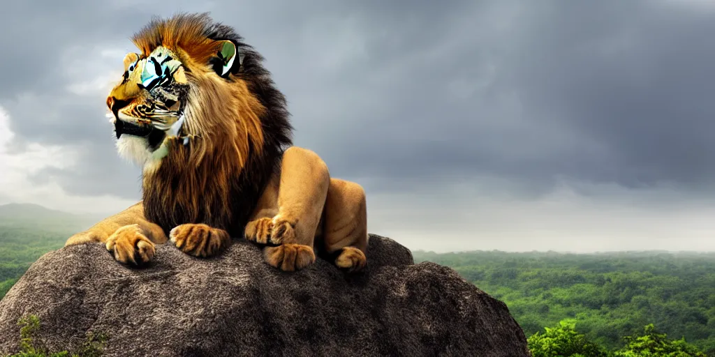 Image similar to hyperrealistic photo of a lion roaring on top of a rock over looking the jungle, 8 k