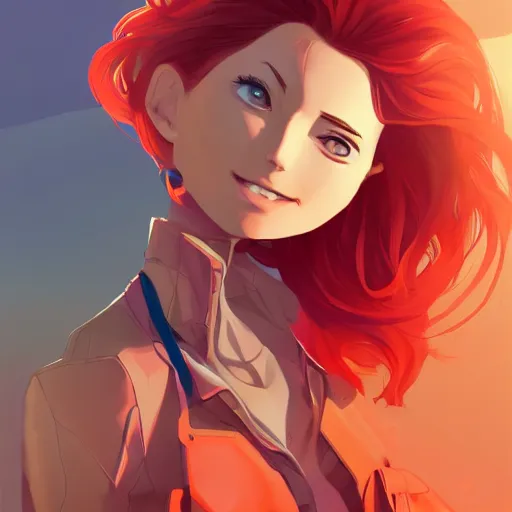 Image similar to character deisgn by lois van baarle, artgerm, helen huang, by makoto shinkai and ilya kuvshinov. cute scarlet red haired cybertronic woman, steel gray body, denim shorts, jacket, at beach at sunset, beautiful face, smile, elegant, exaggerated proportions, looking at camera