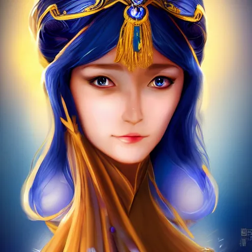 Image similar to a photographic portrait of an heroic fantasy 30 years old princess with a deep blue sapphire and gold diadem, warmer colours, by Zhang Jigna, canon 50mm, artstation