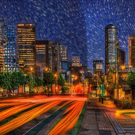 Prompt: downtown Seattle at night, 4k, by VanGogh