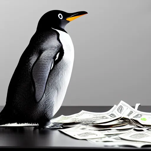 Prompt: Penguin counting its money on the kitchen table, lots of bills, 4k, moody lighting