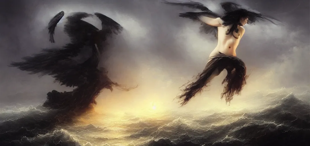 Image similar to 8 k art photography shot art shot, hyperrealistic, hyperdetailed, super detailed, uhd, uhd, 8 k, high resolution, a fallen angel in black fluid simulation, painting by ross tran and ivan aivazovsky, black water